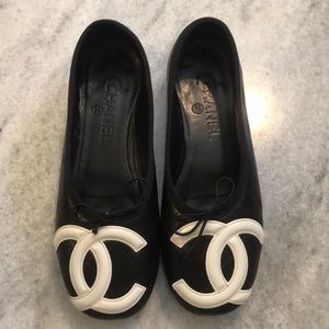 Black Chanel flats with white logo AUTHENTIC